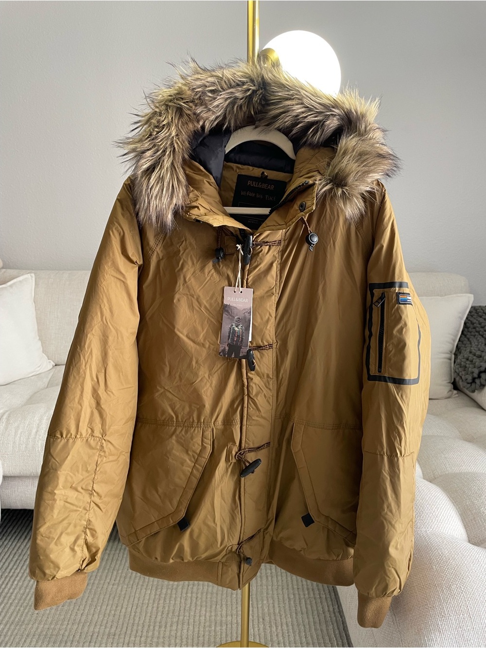 Pull & Bear Toggle Padded Hooded Parka Jacket Coat Detachable Fur Camel Brown